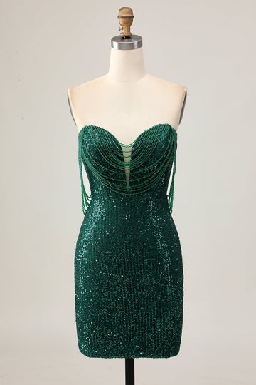 Robe moulante à paillettes vert foncé scintillante à épaules dénudées